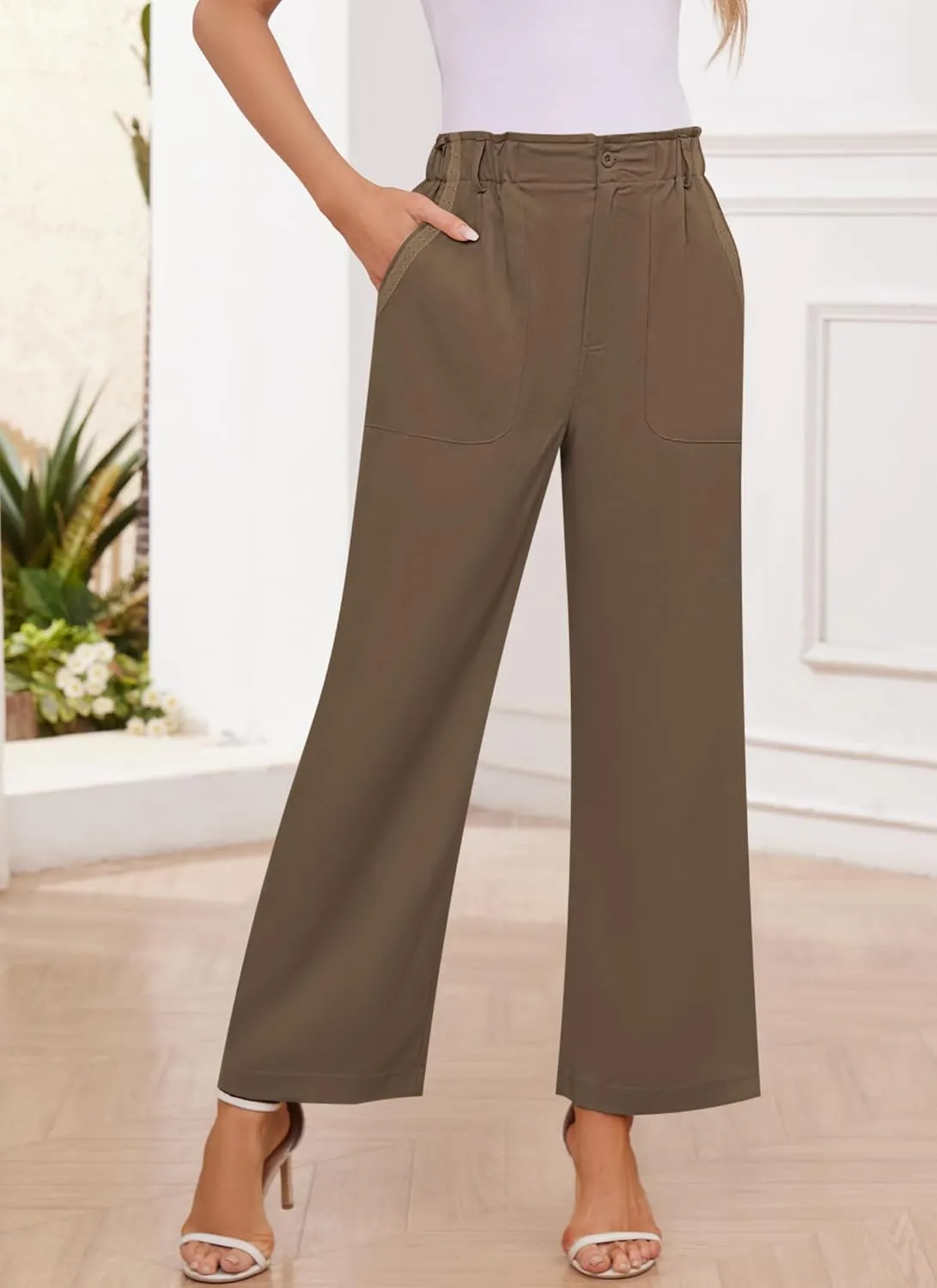 Womens Wide Leg Dress Pants Trousers High Waisted Buttoned Tailored Dressy Pants Casual Palazzo Straight Leg Pants