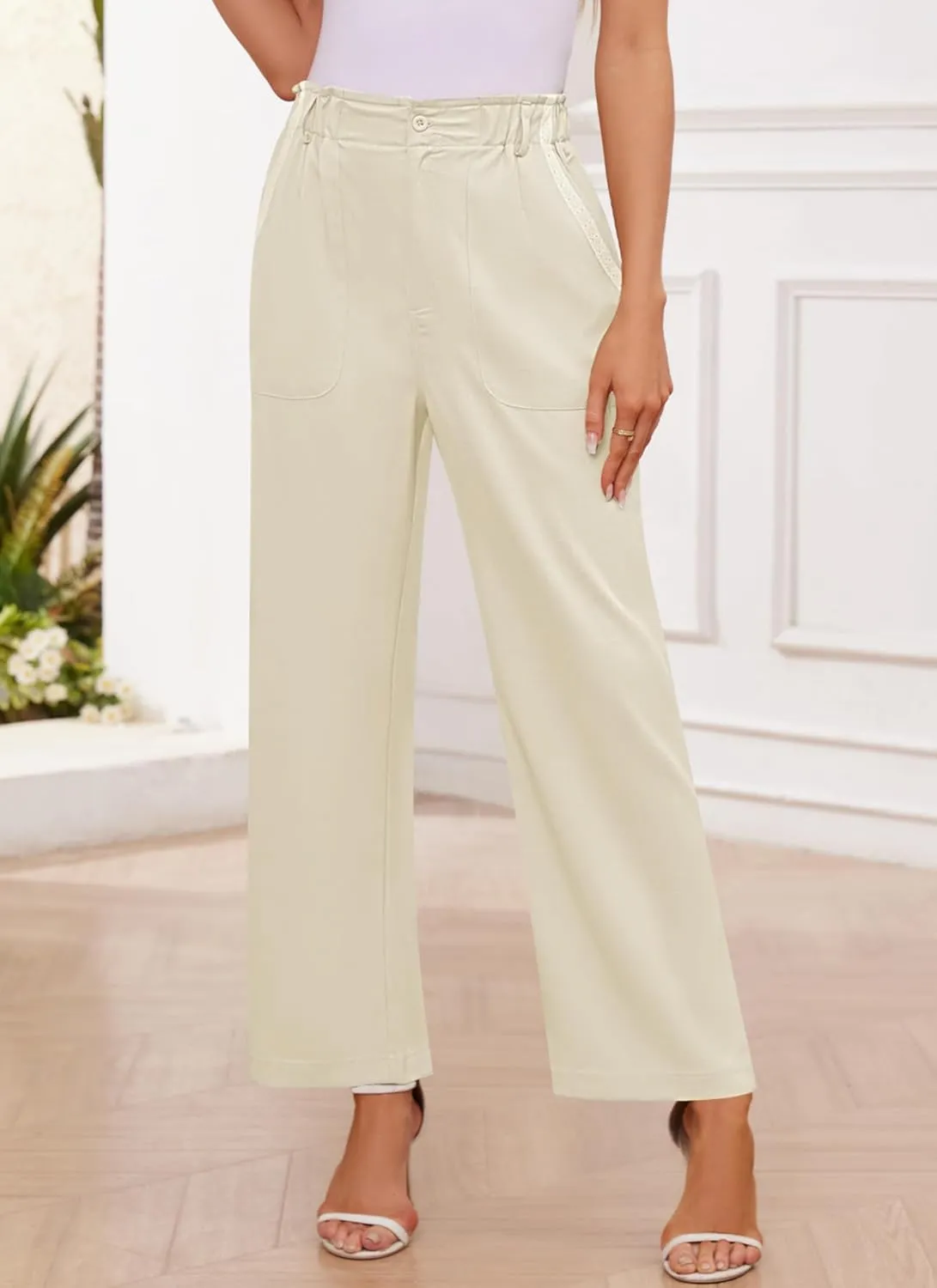 Womens Wide Leg Dress Pants Trousers High Waisted Buttoned Tailored Dressy Pants Casual Palazzo Straight Leg Pants