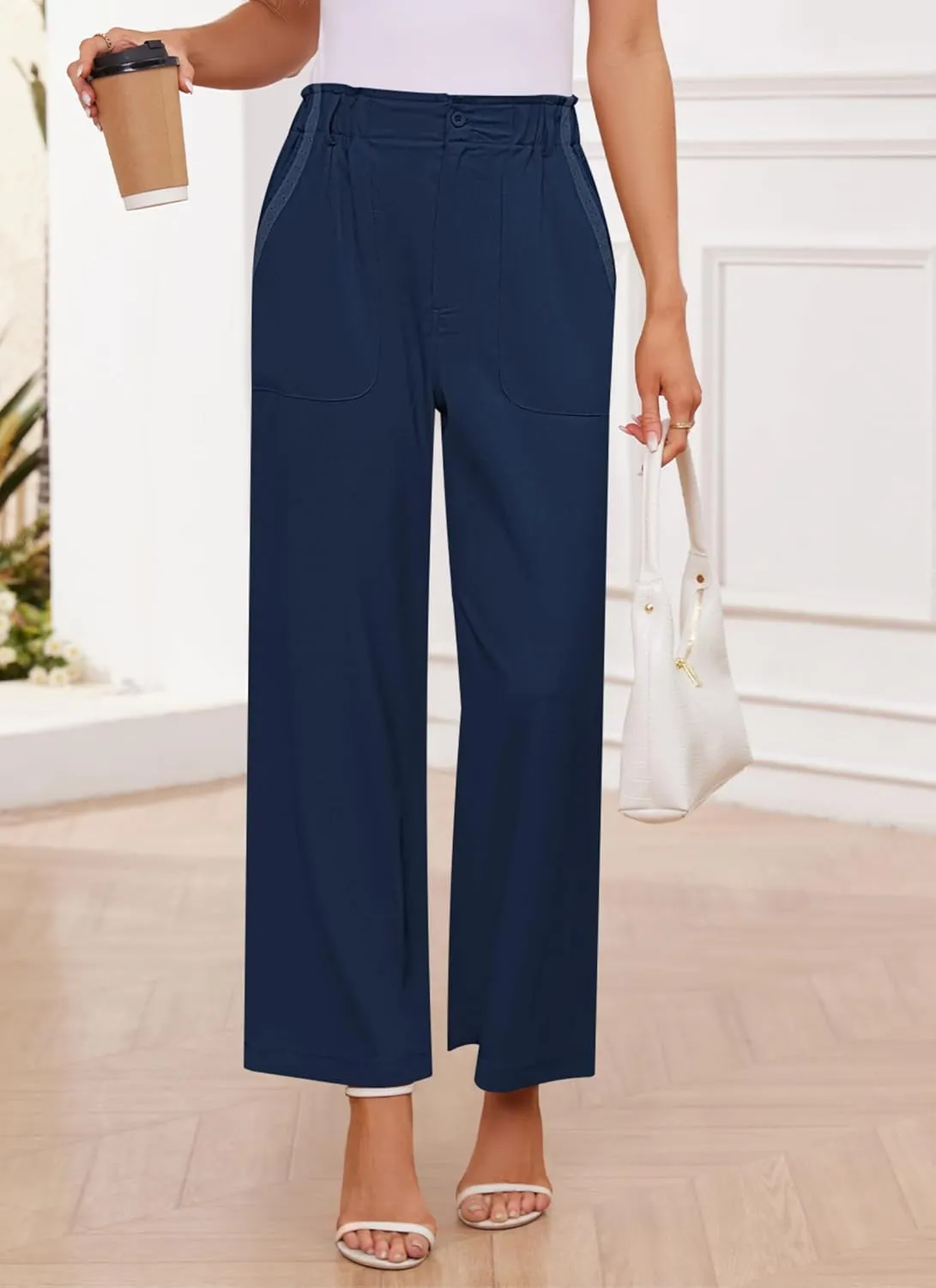 Womens Wide Leg Dress Pants Trousers High Waisted Buttoned Tailored Dressy Pants Casual Palazzo Straight Leg Pants