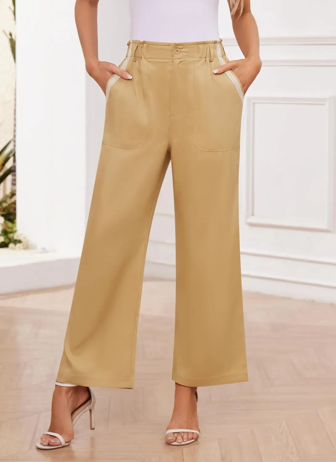 Womens Wide Leg Dress Pants Trousers High Waisted Buttoned Tailored Dressy Pants Casual Palazzo Straight Leg Pants