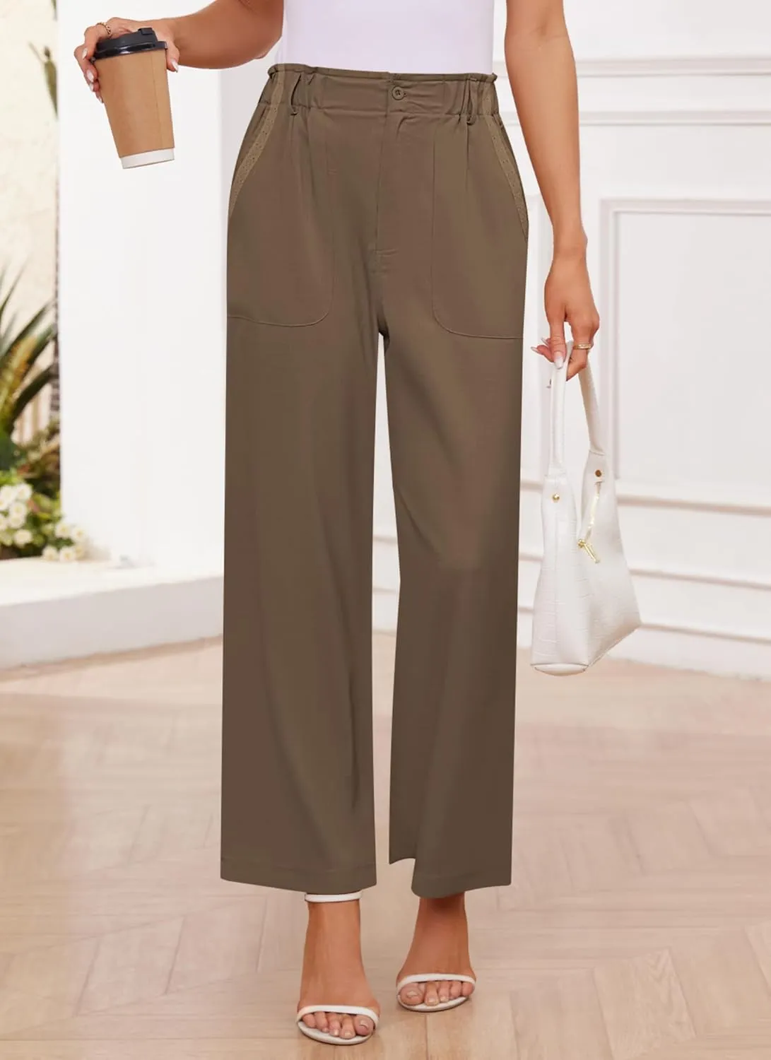 Womens Wide Leg Dress Pants Trousers High Waisted Buttoned Tailored Dressy Pants Casual Palazzo Straight Leg Pants