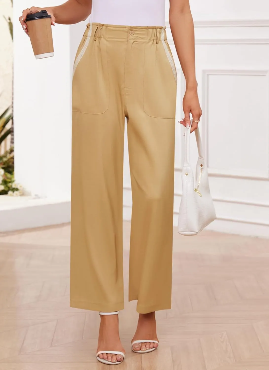 Womens Wide Leg Dress Pants Trousers High Waisted Buttoned Tailored Dressy Pants Casual Palazzo Straight Leg Pants