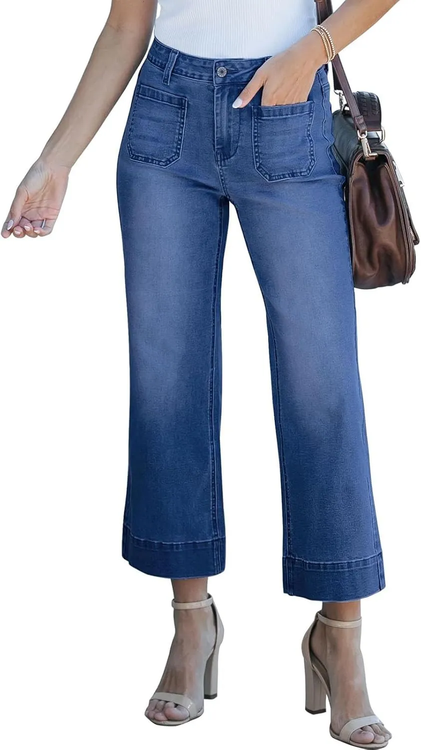 Women's Wide Leg Jeans Trendy Cropped Flare Jeans High Waisted Denim Pants Stretchy Baggy with Patch Pockets for Women Dark Blue
