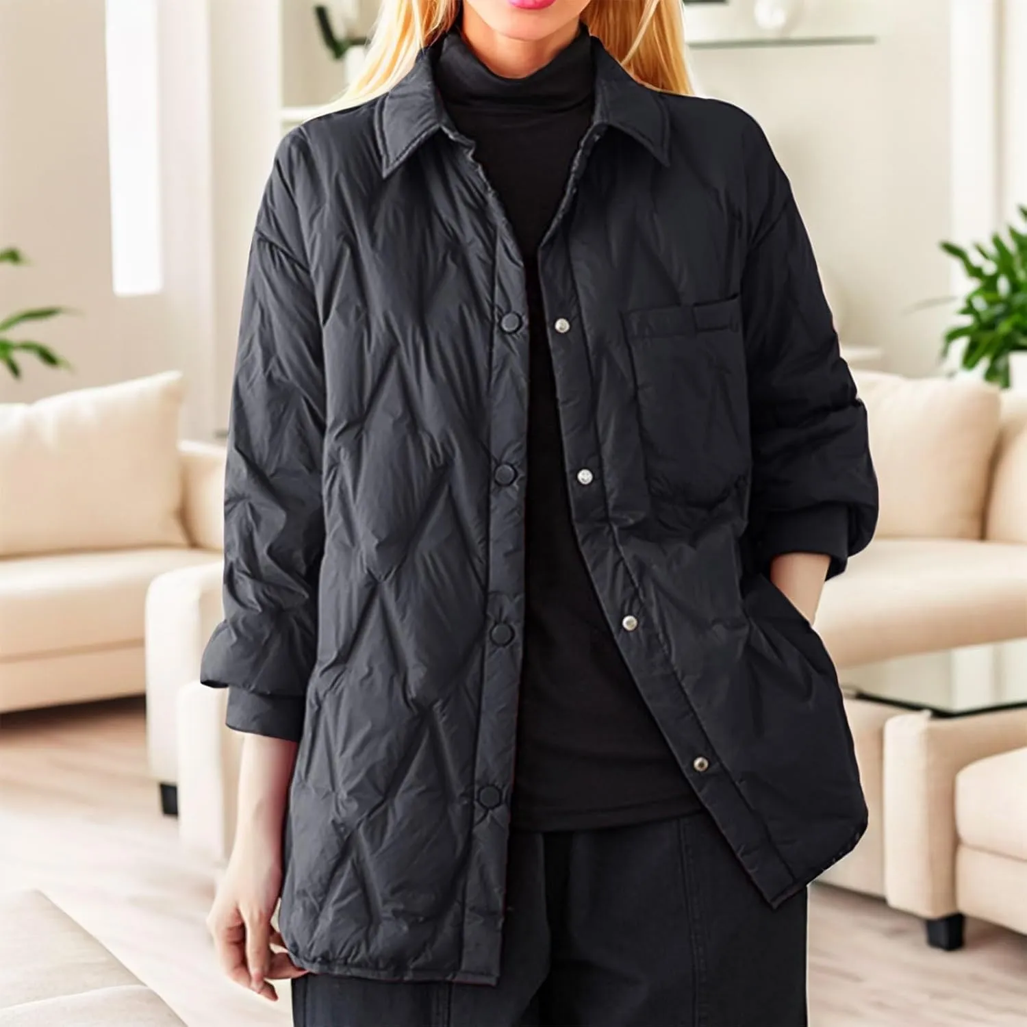 Women's Winter Casual Quilted Jackets Lightweight Button Puffer Jacket Outerwear Casual Down Winter Coat with Pockets