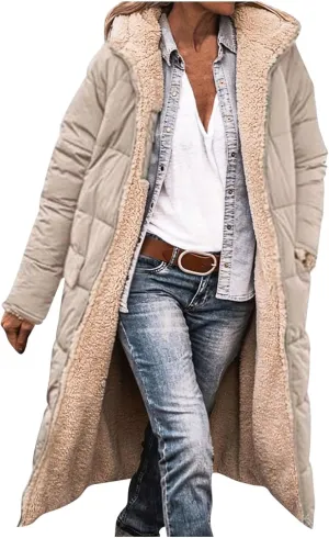 Womens Winter Coats Long Sherpa Fleece Lined Reversible Jacket Warm Faux Fur Coat Zip Up Quilted Outerwear with Hood