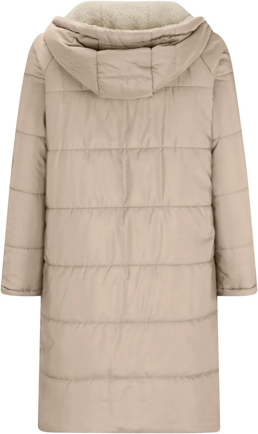 Womens Winter Coats Long Sherpa Fleece Lined Reversible Jacket Warm Faux Fur Coat Zip Up Quilted Outerwear with Hood