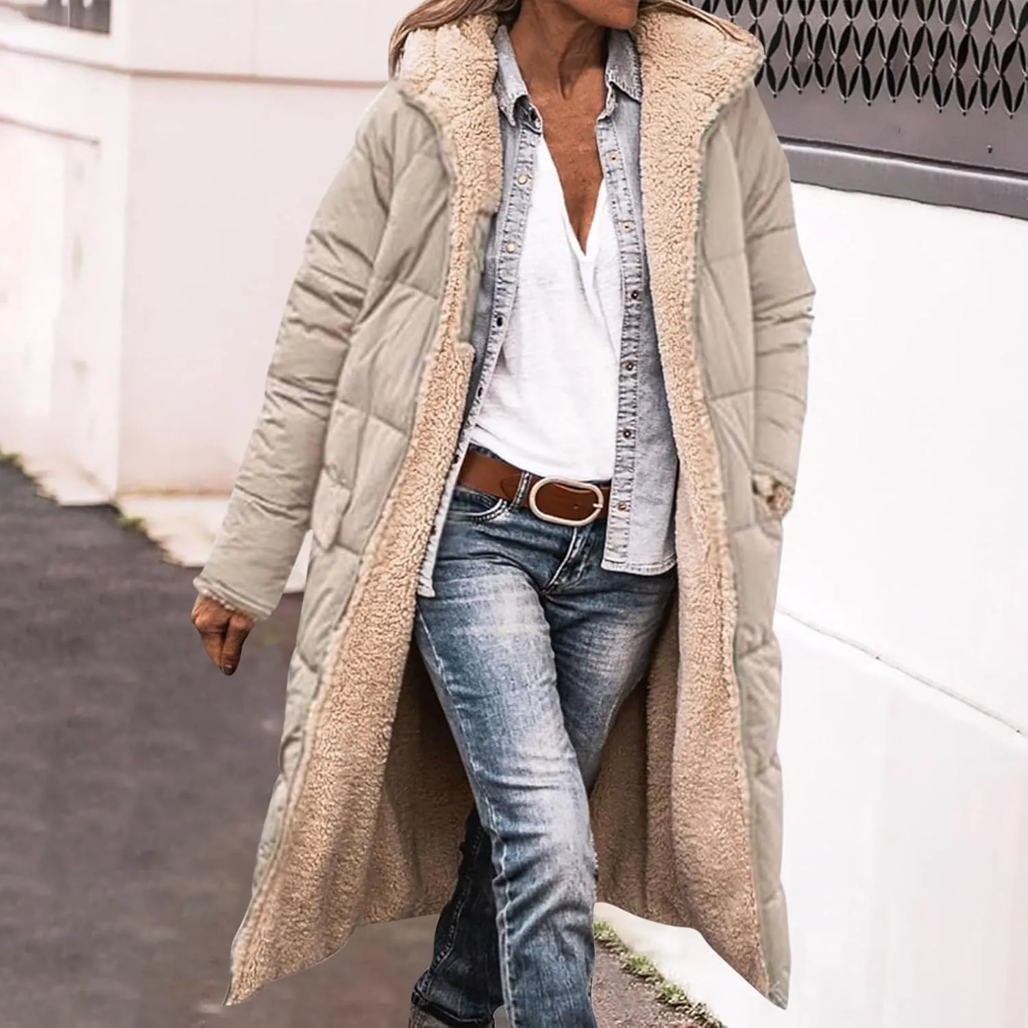 Womens Winter Coats Long Sherpa Fleece Lined Reversible Jacket Warm Faux Fur Coat Zip Up Quilted Outerwear with Hood