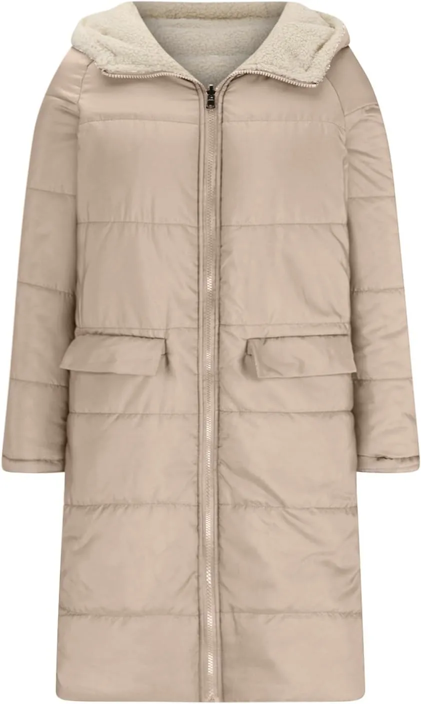 Womens Winter Coats Long Sherpa Fleece Lined Reversible Jacket Warm Faux Fur Coat Zip Up Quilted Outerwear with Hood