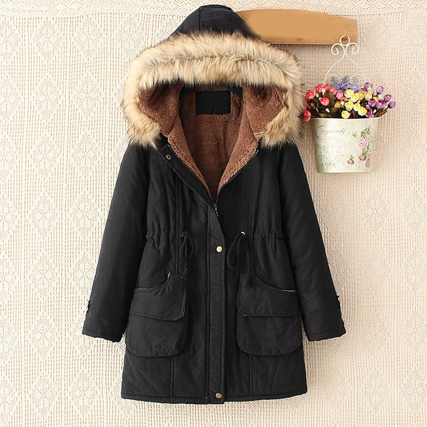 Womens Winter Coats Mid Length Puffer Coat Sherpa Lined Warm Heavy Jackets Thickened Windproof Outerwear with Hood