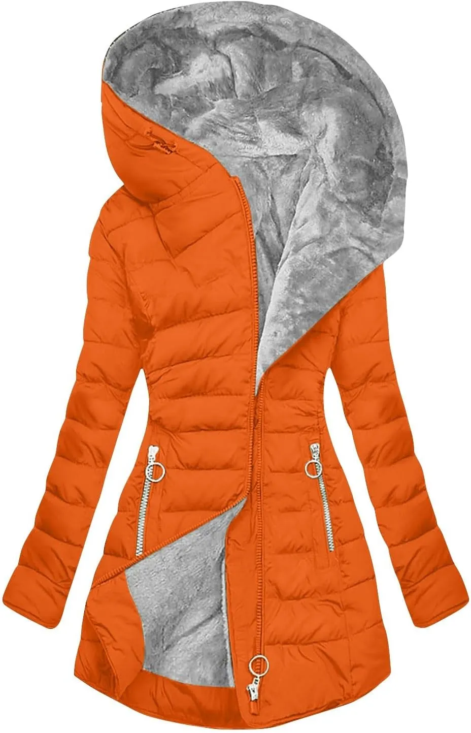 Womens Winter Hooded Coats Warm Thick Fleece Lined Puffer Jackets Zip Up Tunic Sherpa Outfits with Zipper Pockets