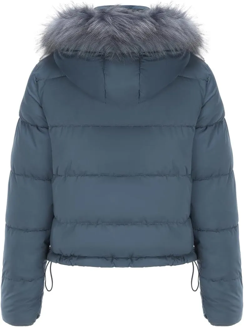 Women's Winter Hooded Cropped Coat Waterproof Down Jacket Warm Thicken Puffer Outwear with Removable Faux Fur Hood