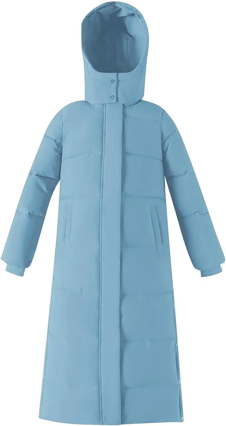 Womens Winter Long Puffer Coats Trendy Thicken Warm Quilted Down Jacket Hooded Windproof Parkas Zip Up Padded Outwear