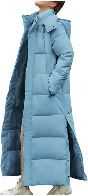 Womens Winter Long Puffer Coats Trendy Thicken Warm Quilted Down Jacket Hooded Windproof Parkas Zip Up Padded Outwear