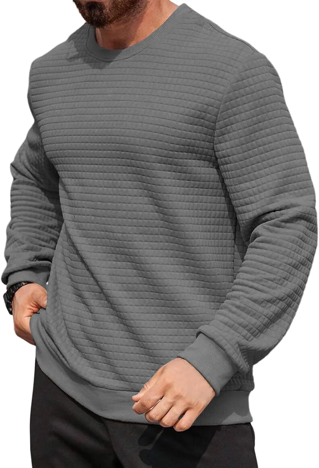 Ymosrh Mens Athletic Sweatshirts Pullover Plaid Jacquard Long Sleeve Solid Color Casual Workout Sweat Shirts