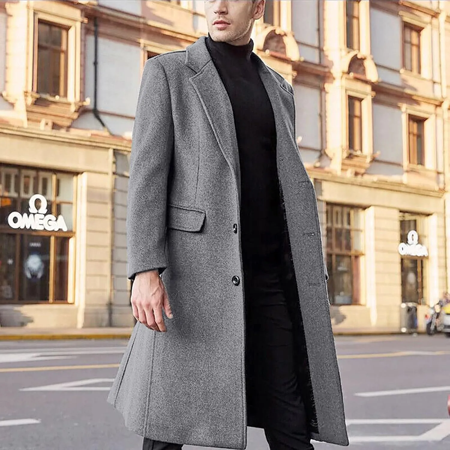 Ymosrh Men's Fashion Trench Coat Single Breasted Notched Collar Casual Business Fall Winter Long Overcoats, L-3XL