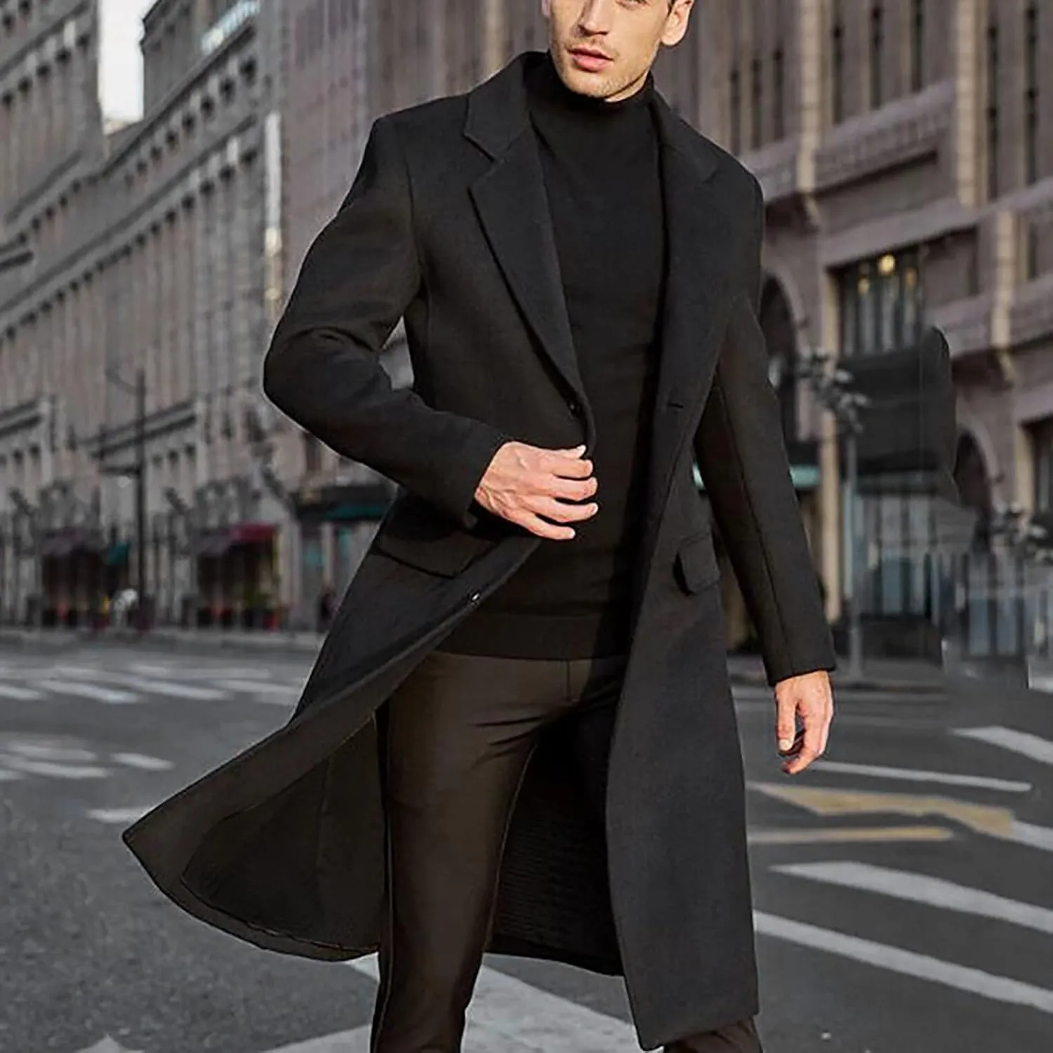 Ymosrh Men's Fashion Trench Coat Single Breasted Notched Collar Casual Business Fall Winter Long Overcoats, L-3XL
