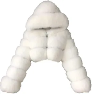 YRAETENM Womens Faux Fur Coat Trendy Zip Up Cropped Bubble Coats Long Sleeve Fleece Warm Short Winter Coats With Fuzzy Hoode