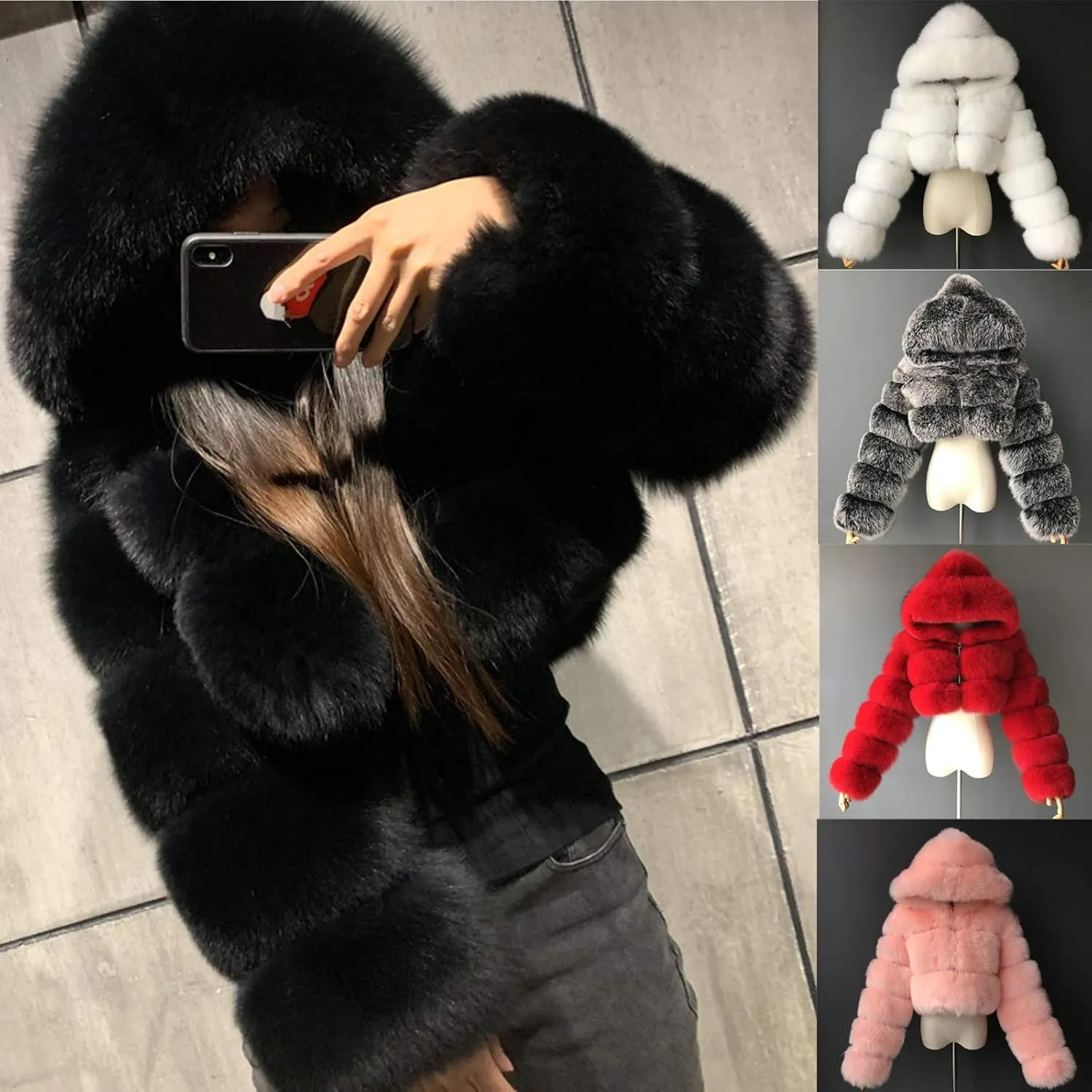 YRAETENM Womens Faux Fur Coat Trendy Zip Up Cropped Bubble Coats Long Sleeve Fleece Warm Short Winter Coats With Fuzzy Hoode