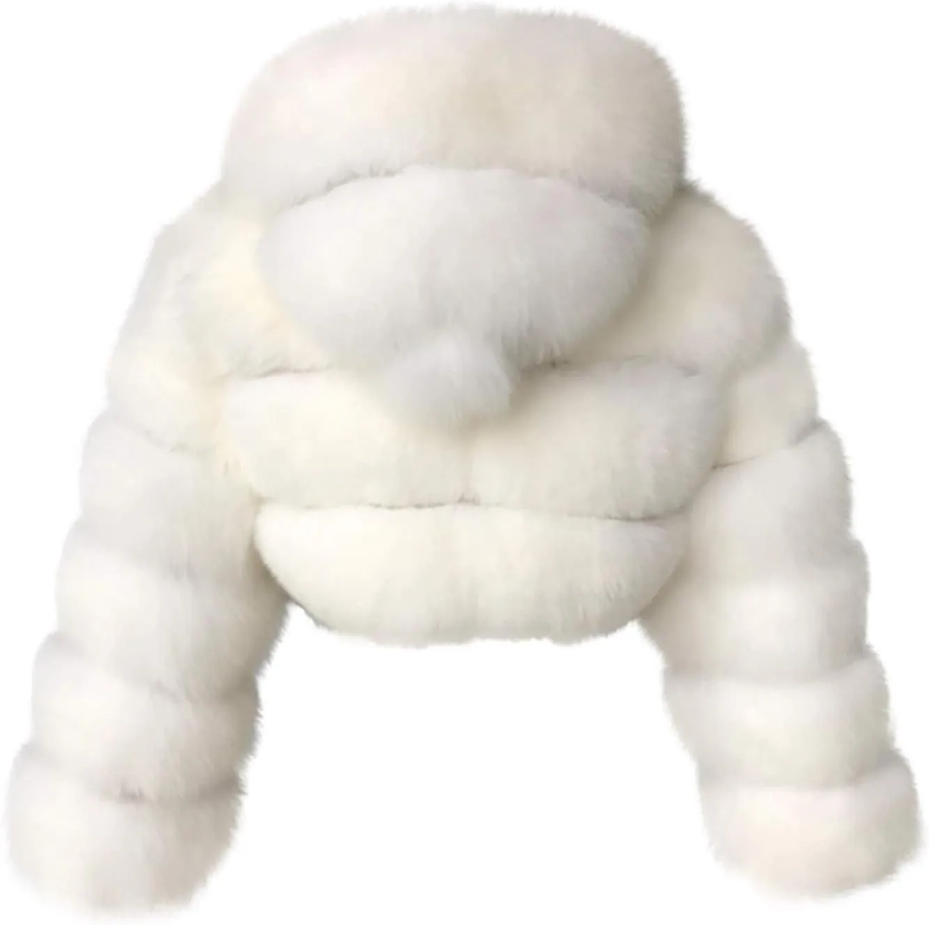 YRAETENM Womens Faux Fur Coat Trendy Zip Up Cropped Bubble Coats Long Sleeve Fleece Warm Short Winter Coats With Fuzzy Hoode