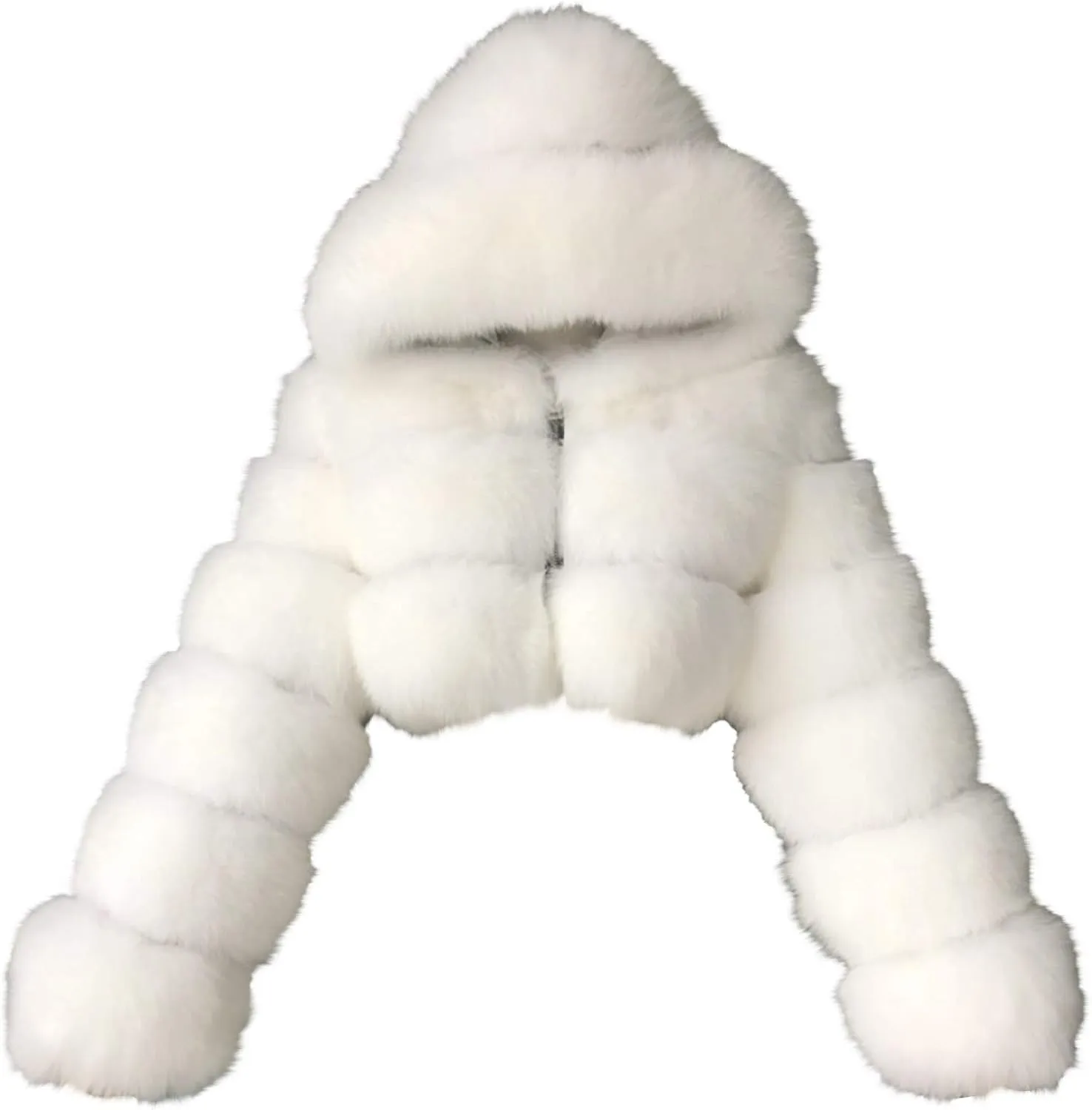 YRAETENM Womens Faux Fur Coat Trendy Zip Up Cropped Bubble Coats Long Sleeve Fleece Warm Short Winter Coats With Fuzzy Hoode