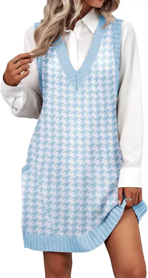 Zeagoo Womens Sweater Vest Dress Pattern Knitted Pullovers Sweaters V Neck Tank Sweater Dress with Pockets