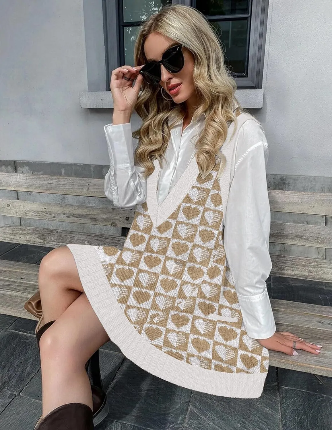 Zeagoo Womens Sweater Vest Dress Pattern Knitted Pullovers Sweaters V Neck Tank Sweater Dress with Pockets