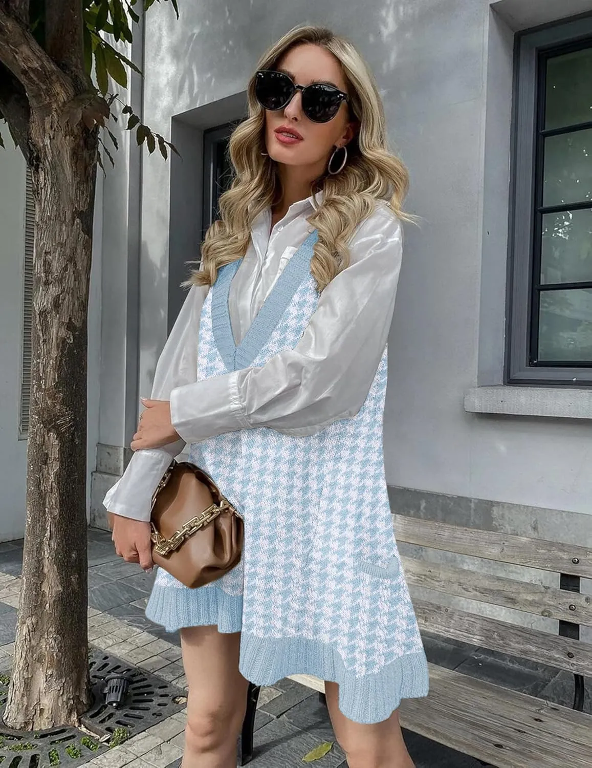 Zeagoo Womens Sweater Vest Dress Pattern Knitted Pullovers Sweaters V Neck Tank Sweater Dress with Pockets