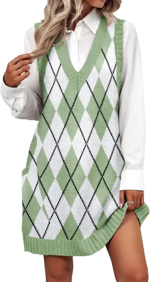 Zeagoo Womens Sweater Vest Dress Pattern Knitted Pullovers Sweaters V Neck Tank Sweater Dress with Pockets