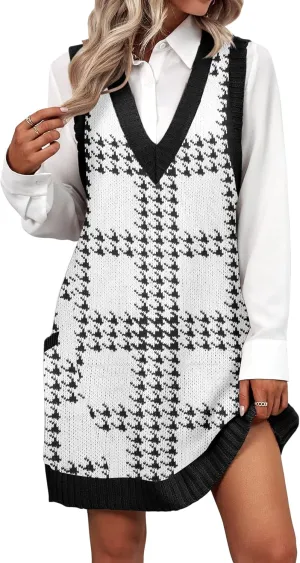 Zeagoo Womens Sweater Vest Dress Pattern Knitted Pullovers Sweaters V Neck Tank Sweater Dress with Pockets