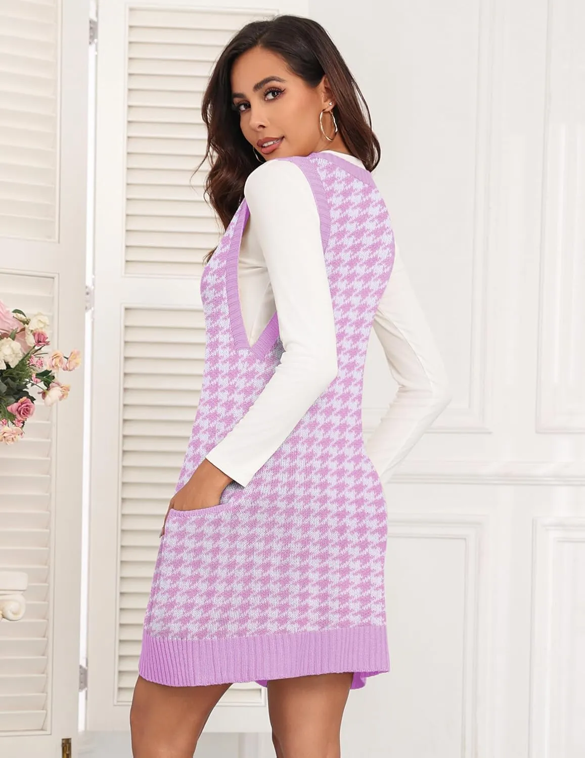Zeagoo Womens Sweater Vest Dress Pattern Knitted Pullovers Sweaters V Neck Tank Sweater Dress with Pockets