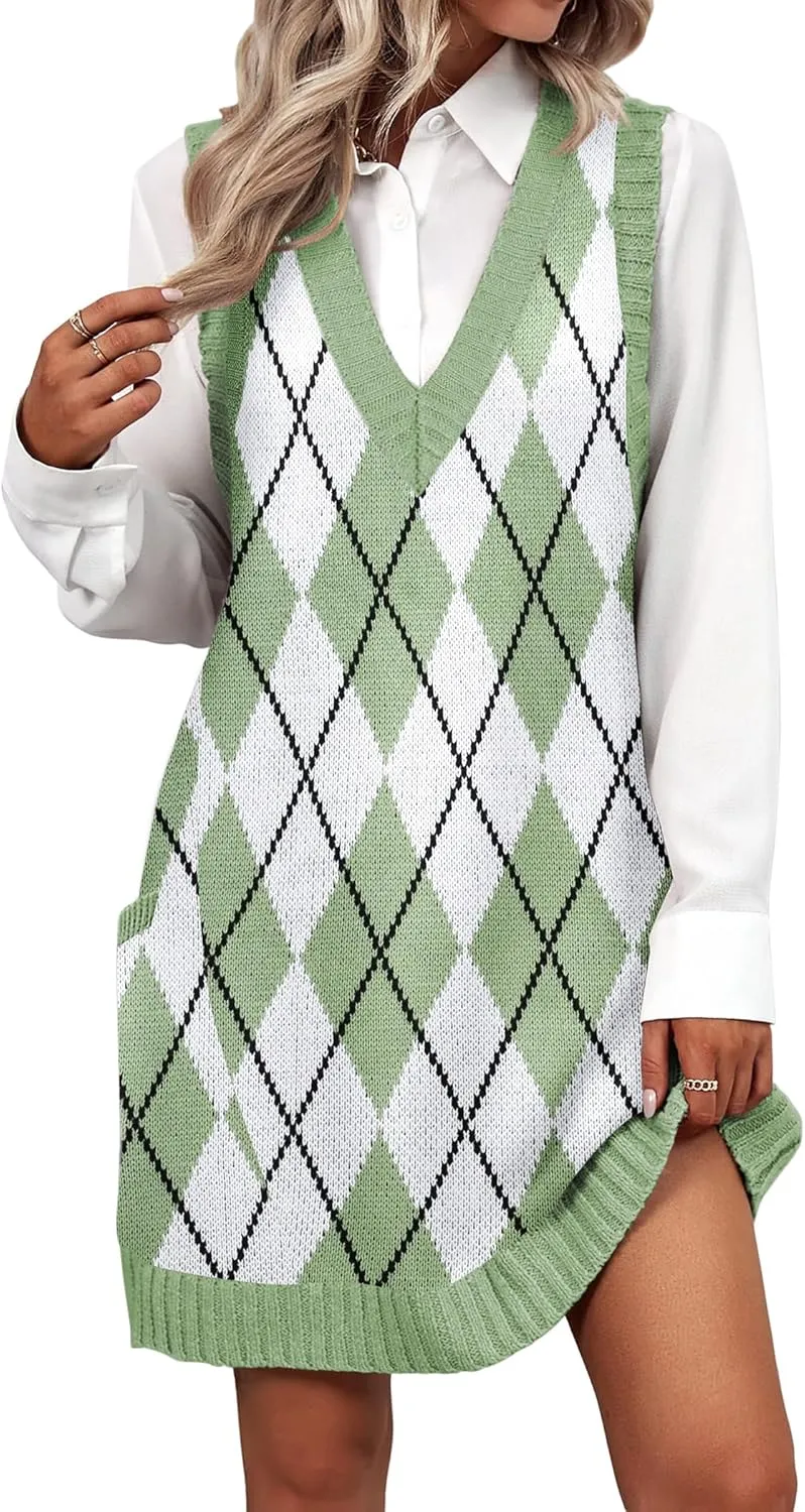 Zeagoo Womens Sweater Vest Dress Pattern Knitted Pullovers Sweaters V Neck Tank Sweater Dress with Pockets