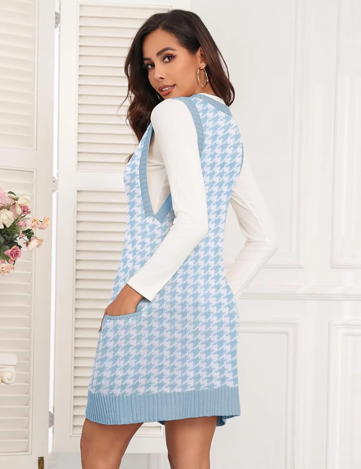 Zeagoo Womens Sweater Vest Dress Pattern Knitted Pullovers Sweaters V Neck Tank Sweater Dress with Pockets
