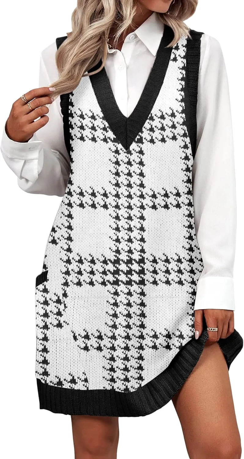 Zeagoo Womens Sweater Vest Dress Pattern Knitted Pullovers Sweaters V Neck Tank Sweater Dress with Pockets