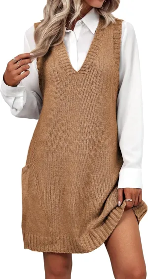 Zeagoo Womens Sweater Vest Dress Pattern Knitted Pullovers Sweaters V Neck Tank Sweater Dress with Pockets