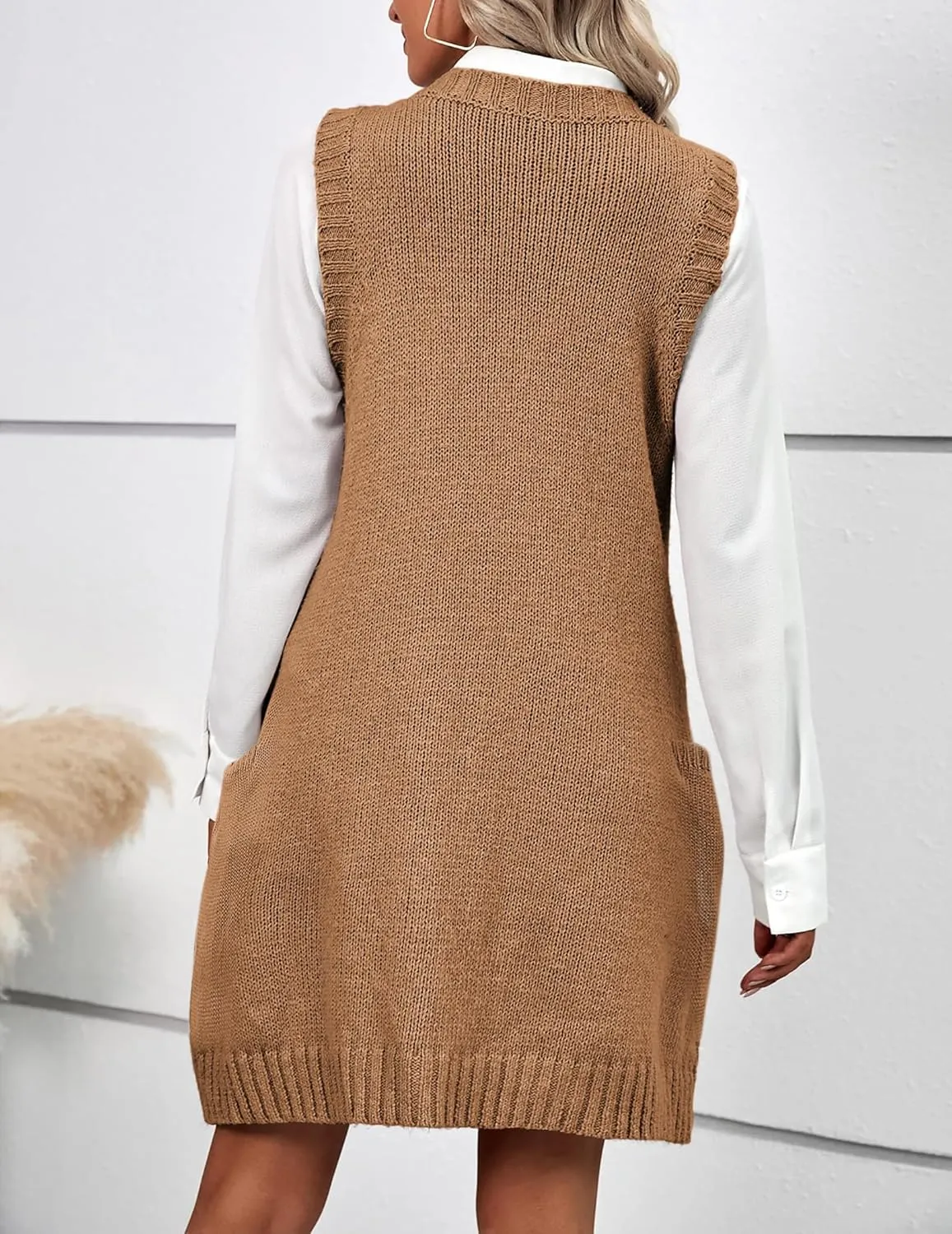 Zeagoo Womens Sweater Vest Dress Pattern Knitted Pullovers Sweaters V Neck Tank Sweater Dress with Pockets