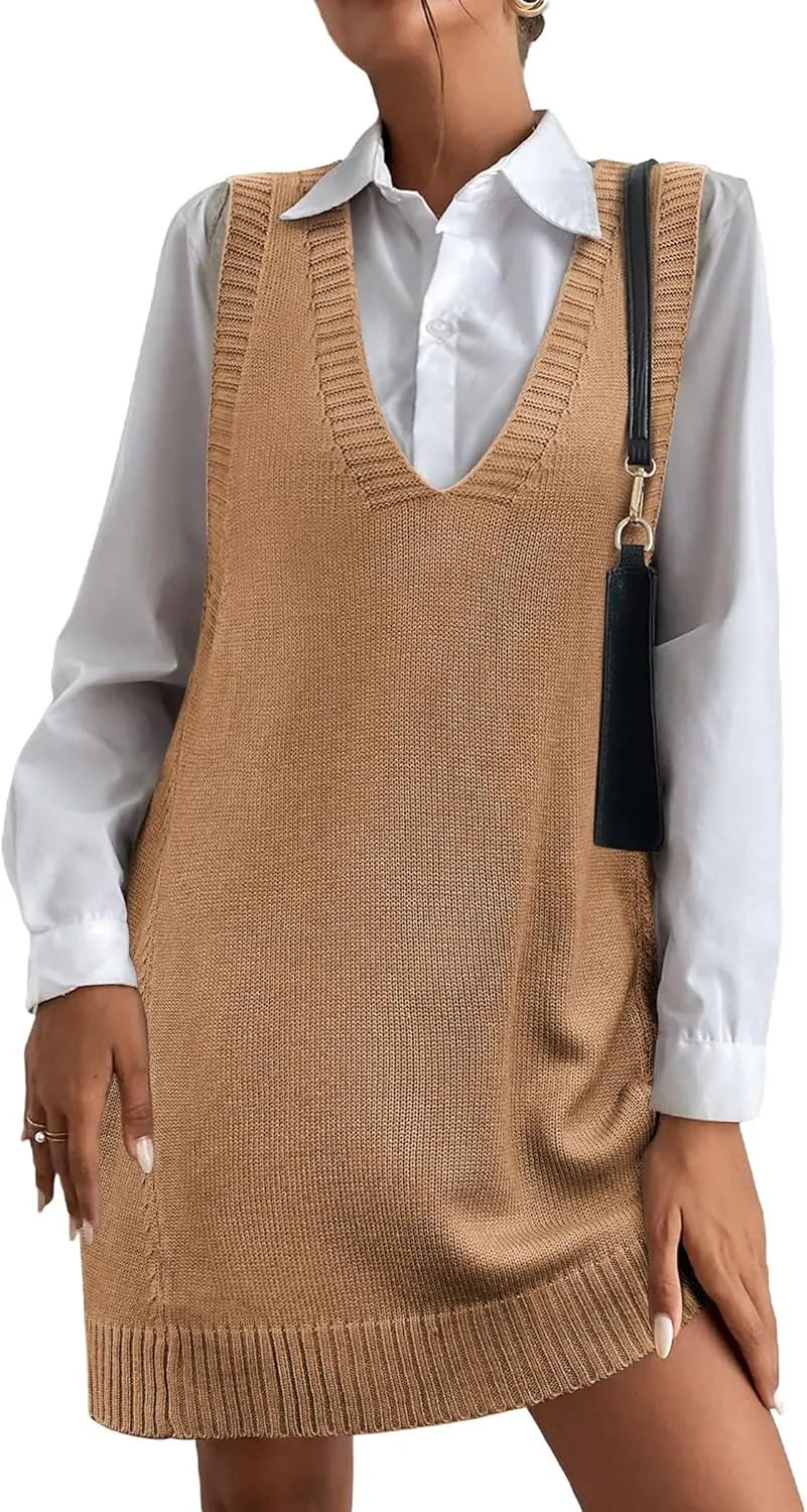 Zeagoo Womens Sweater Vest Dress Pattern Knitted Pullovers Sweaters V Neck Tank Sweater Dress with Pockets