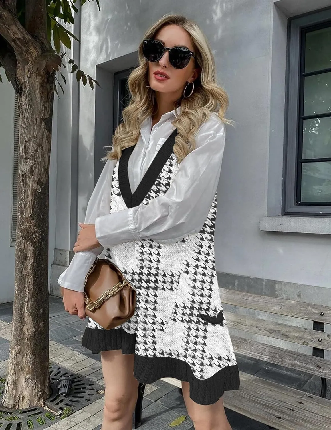 Zeagoo Womens Sweater Vest Dress Pattern Knitted Pullovers Sweaters V Neck Tank Sweater Dress with Pockets