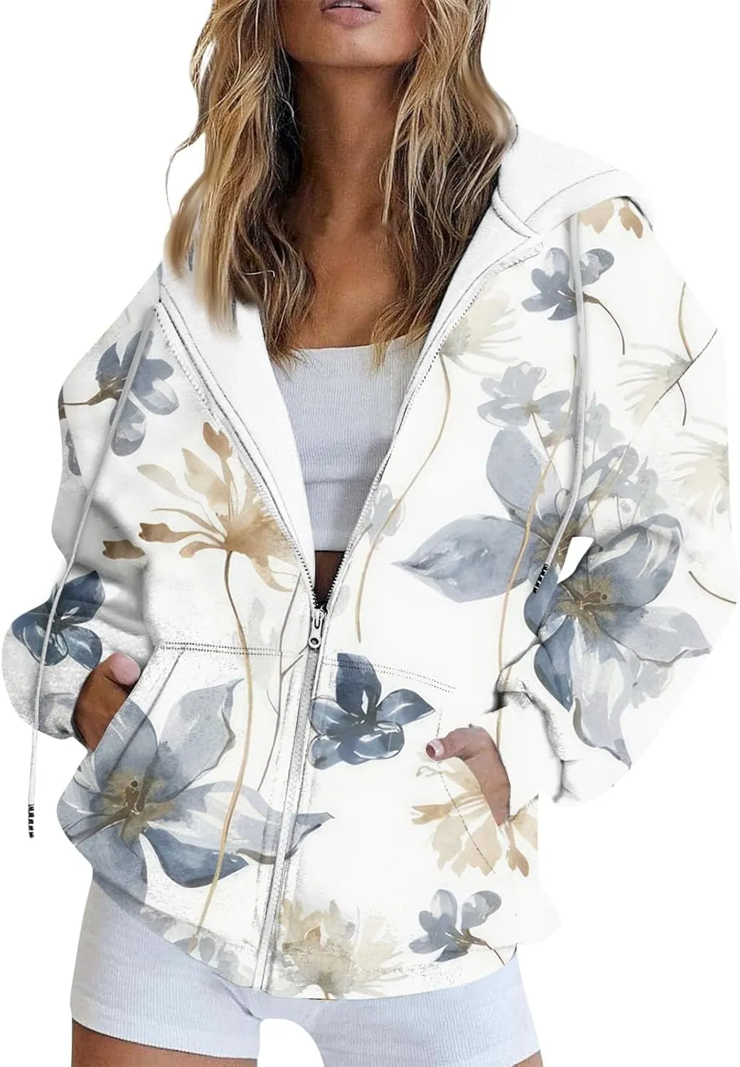 Zip Up Hoodie Jackets Womens Long Sleeve Sweatshirts Fall Casual Loose Outfits Oversized Fashion Coats with Pockets